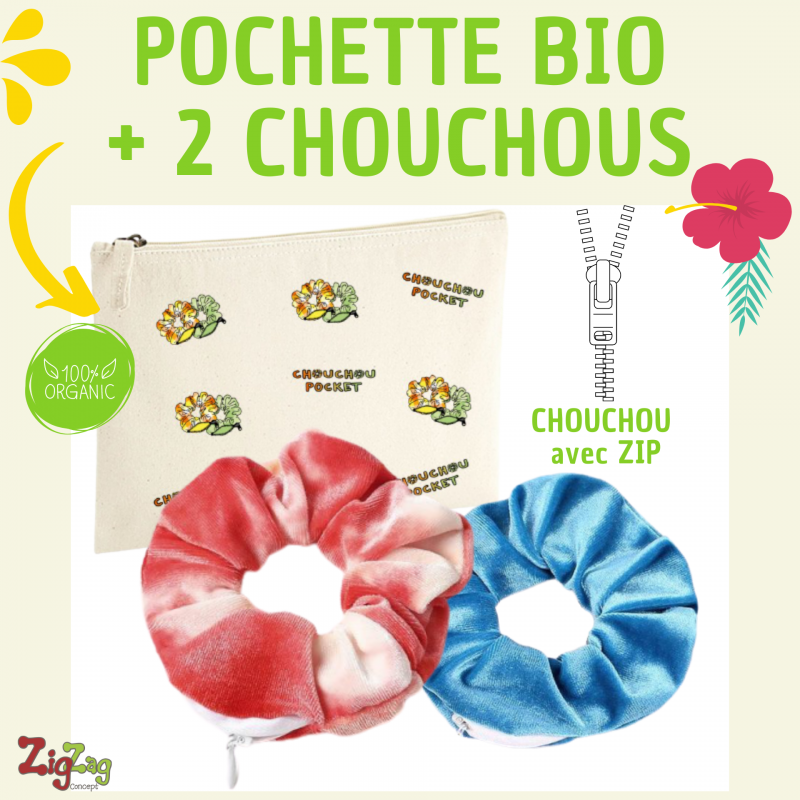 Idées cadeaux - Un Pack de 2 Chouchou/Scrunchie avec Zip + 1 Pochette Bio imprimée - 25,00 € - ZZBOX_chouchou - zigzag-concep...