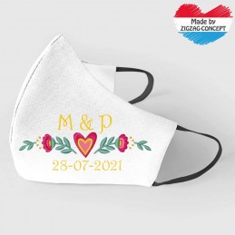 Premium® White Mask for Weddings with Embroidery heart ornament, initials and and personalized date