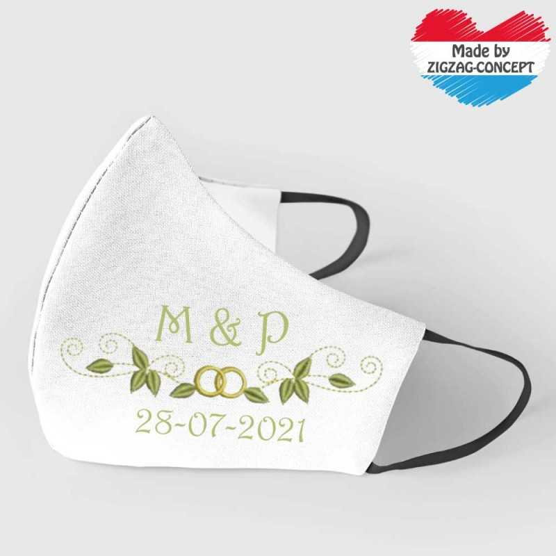 Masken - Premium® Weiß Maske für Hochzeiten mit Stickerei Ornament Trauringe, Initialen und und personalisiertem Datum - 14,0...