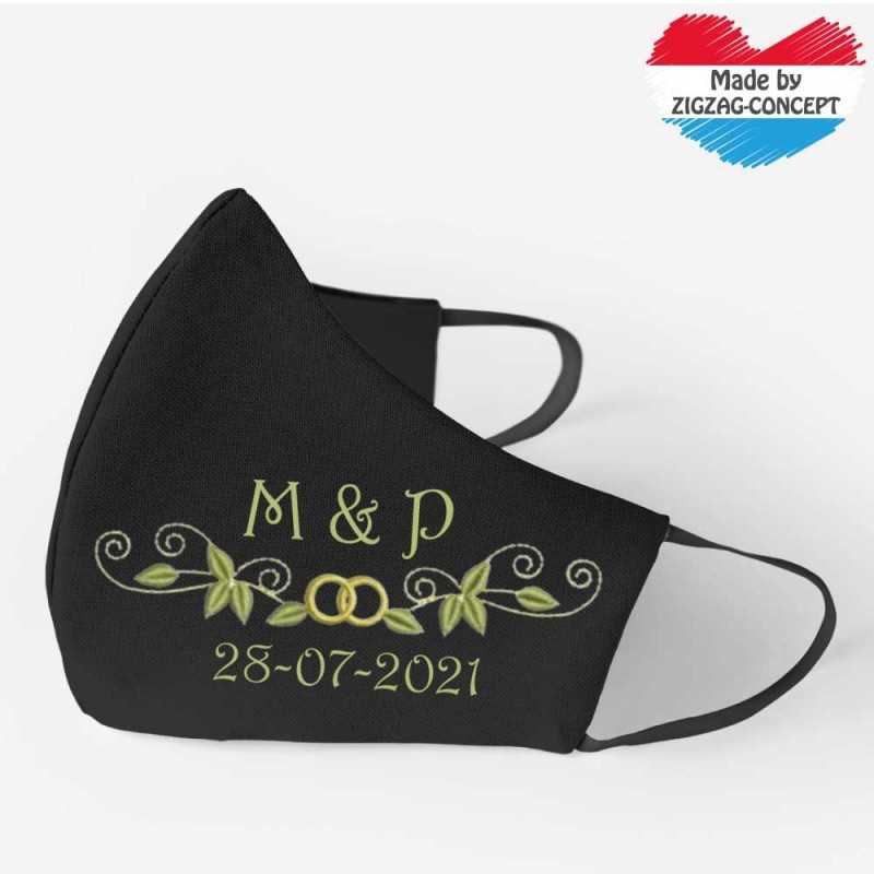 Face Mask - Premium® Black Mask for Weddings with Embroidery alliances ornament, initials and and personalized date - 14,00 €...